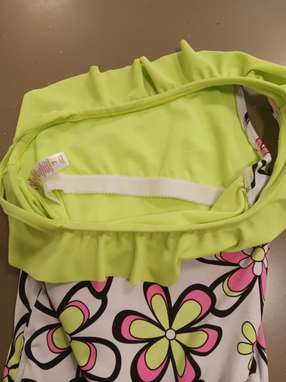 Justice Swim Girls Size 7 One-Piece Bathing Suit Floral Neon Green Pink Ruffle